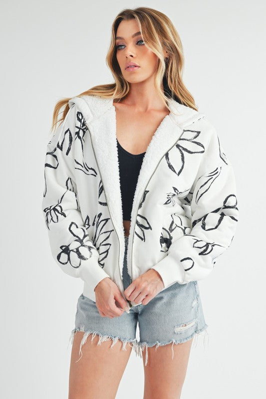 Aemi + Co Flower Print Zip Up Sherpa Hoodie - Brittney MADE