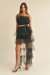 MABLE Tulle Tube Ruffle Crop Top and High Low Maxi Skirt Set - Brittney MADE
