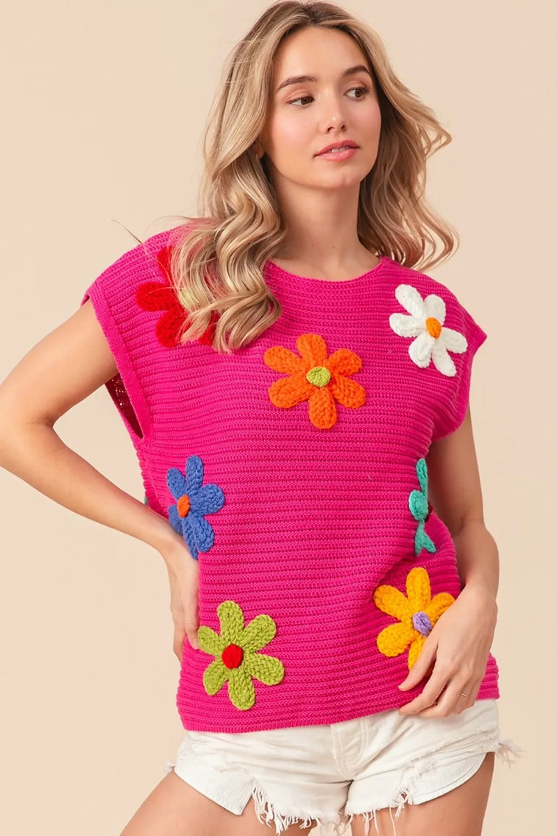 BiBi Flower Round Neck Cap Sleeve Knit Top - Brittney MADE