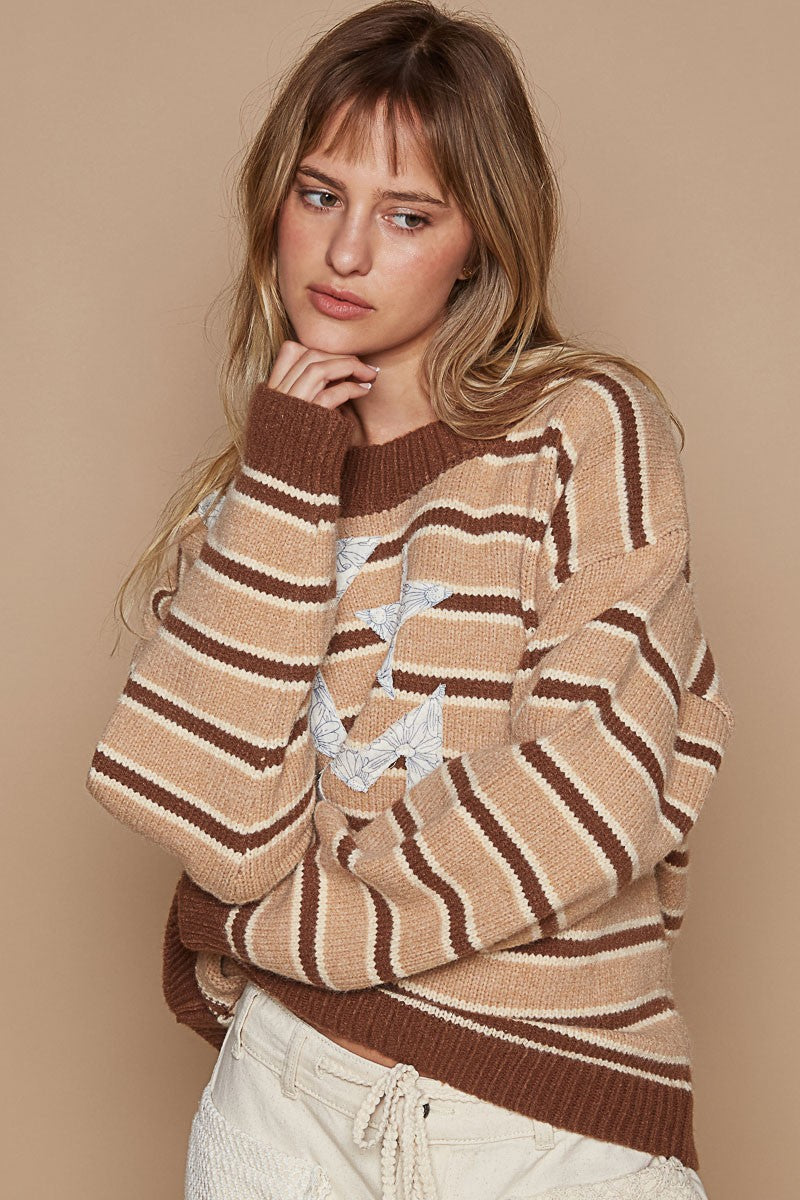 POL Star Patch Stripe Round Neck Sweater - Brittney MADE