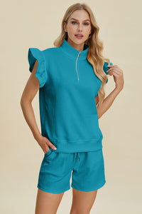 Double Take Full Size Texture Flounce Sleeve Top and Shorts Set - Brittney MADE