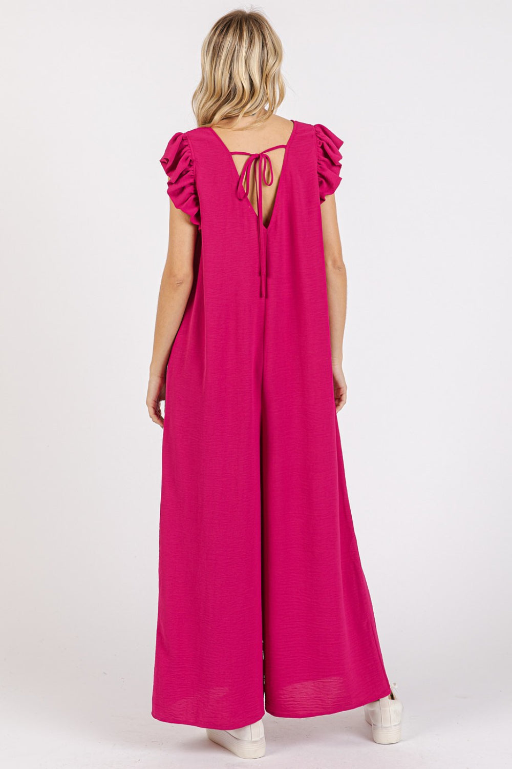 Mittoshop V-Neck Ruffled Cap Sleeve Wide Leg Jumpsuit - Brittney MADE