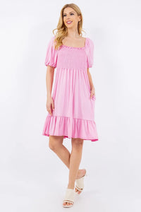 Celeste Full Size Smocked Square Neck Puff Sleeve Ruffle Hem Dress Plus Size - Brittney MADE