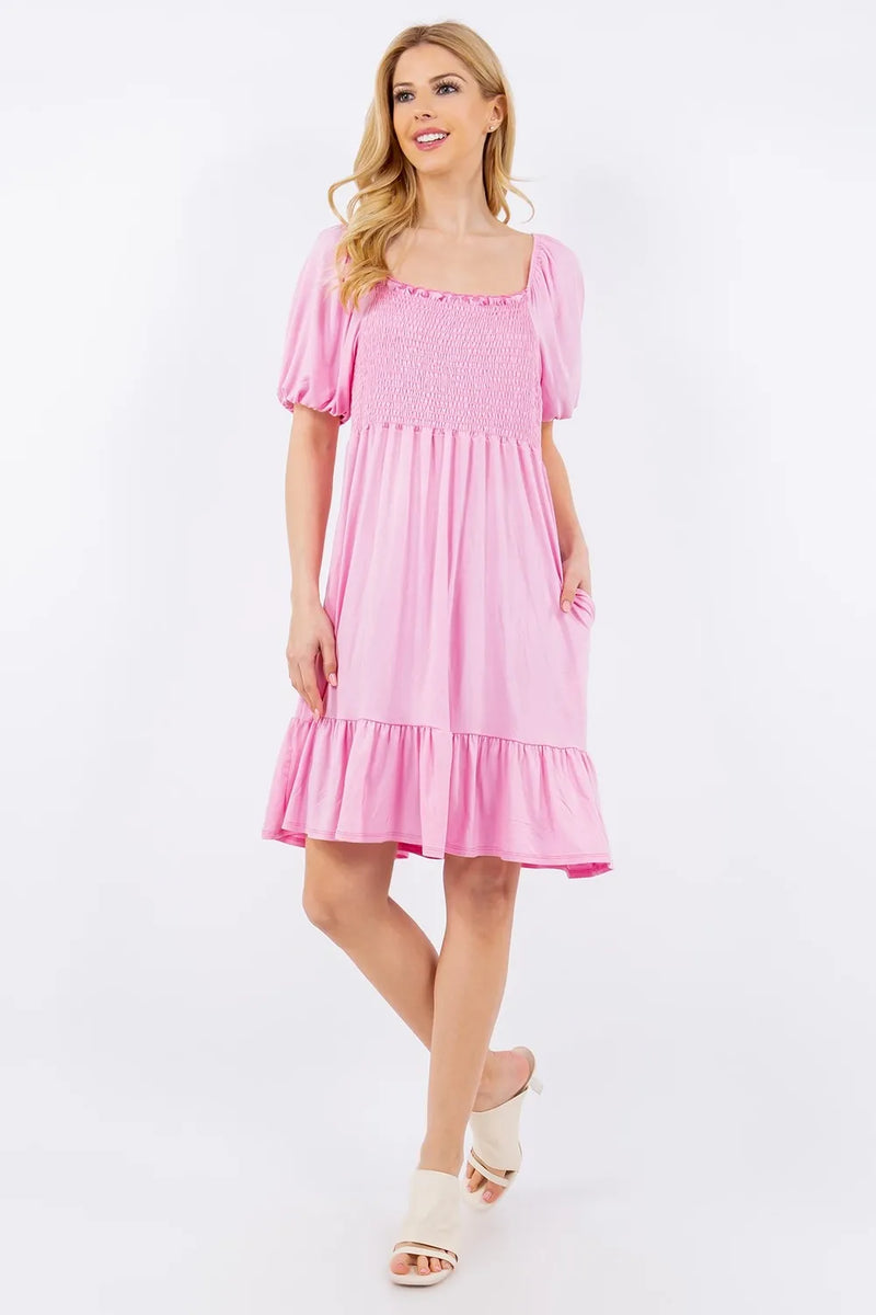 Celeste Full Size Smocked Square Neck Puff Sleeve Ruffle Hem Dress Plus Size - Brittney MADE