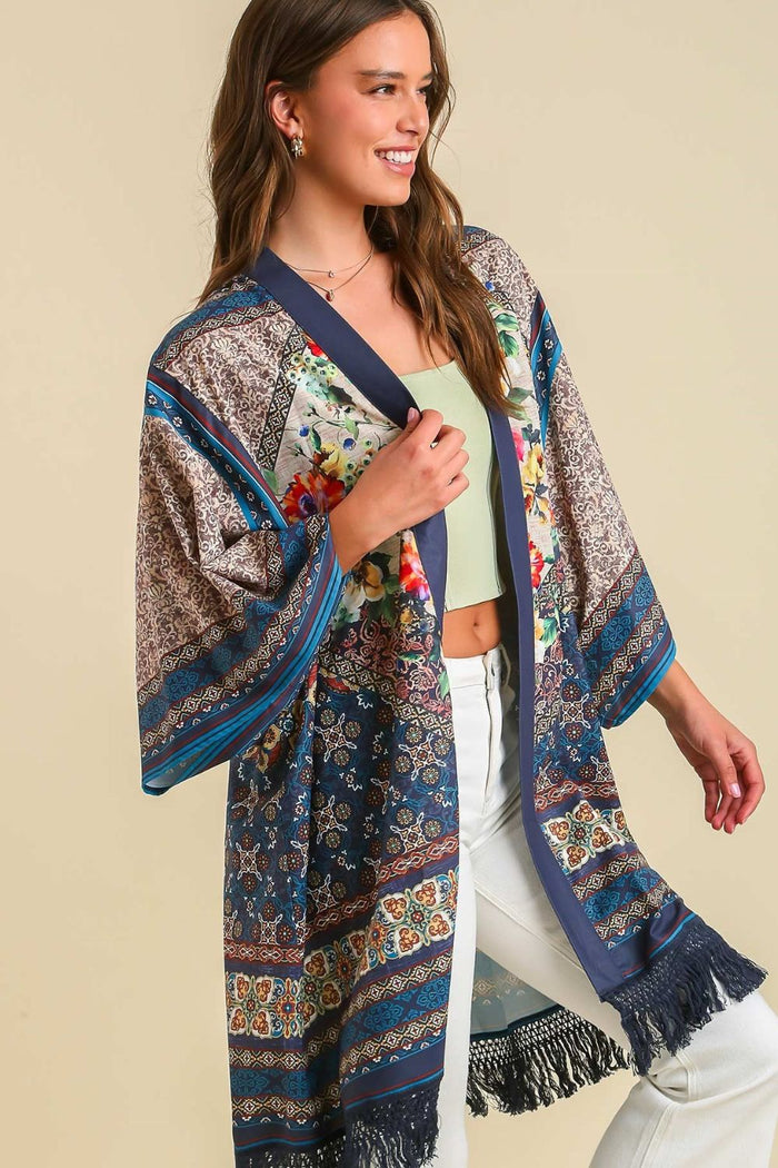 Umgee Full Size Fringe Hem Open Front Printed Kimono Sleeve Cover-Up Plus Size - Brittney MADE