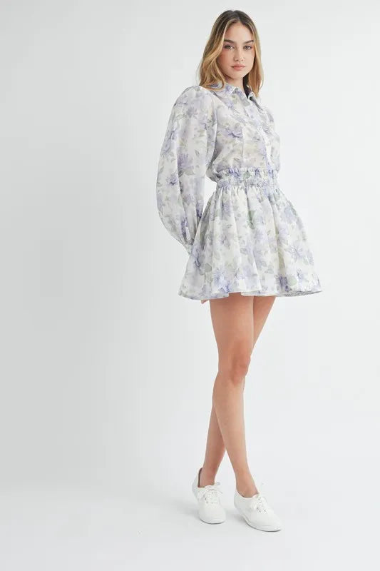 MABLE Floral Print Button Down Blouse and Mini Skirt Set - Brittney MADE