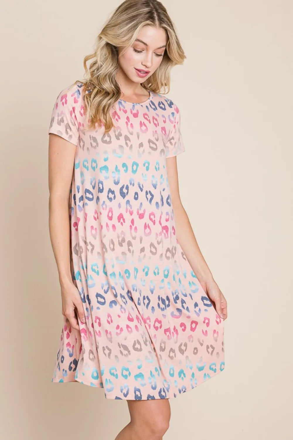 BOMBOM Leopard Round Neck Short Sleeve Dress - Brittney MADE