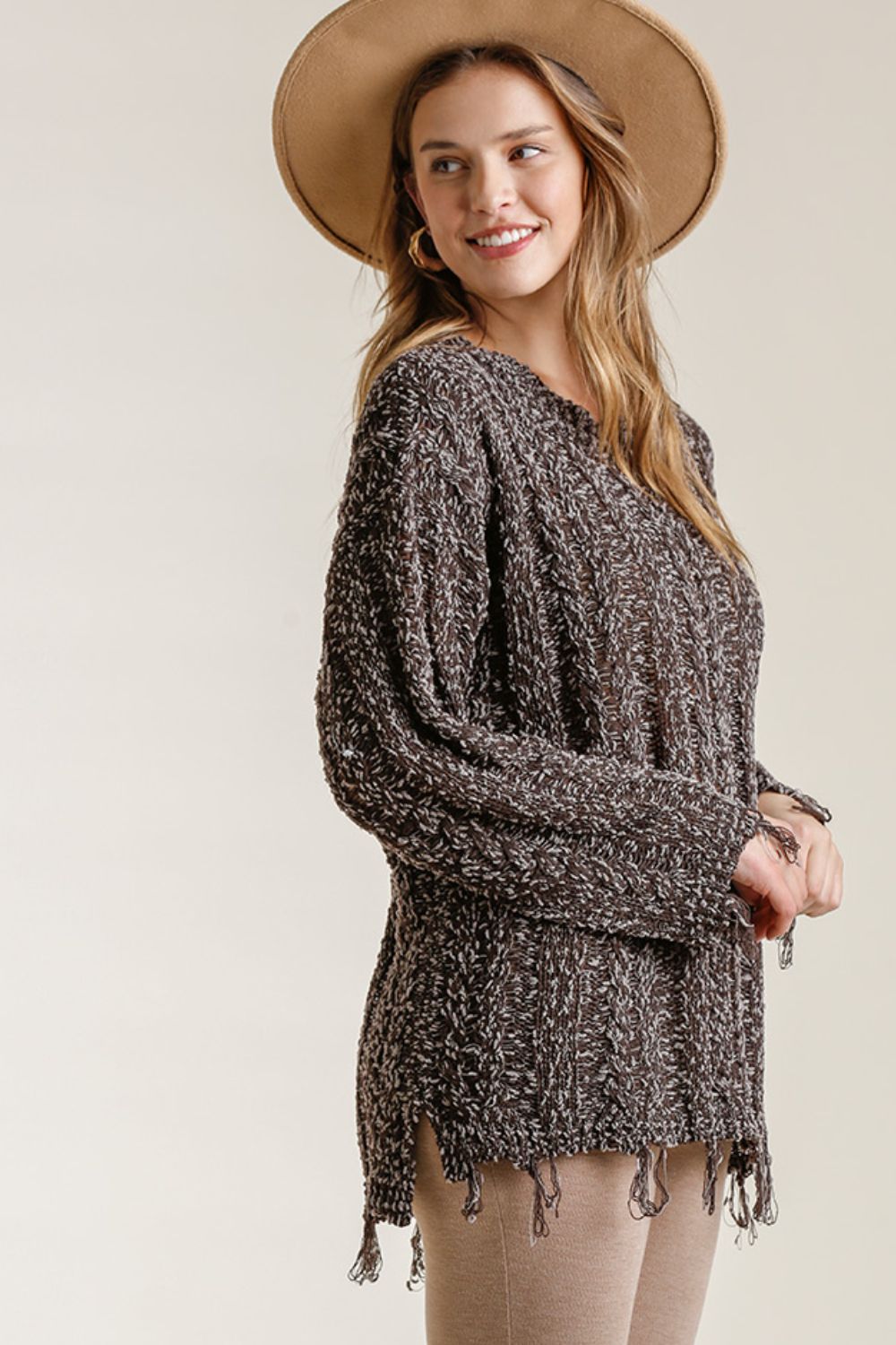Umgee Full Size Frayed Hem Cable Knit Round Neck Sweater Plus Size - Brittney MADE