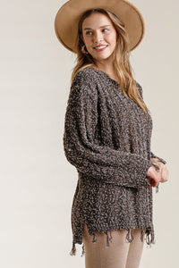 Umgee Full Size Frayed Hem Cable Knit Round Neck Sweater Plus Size - Brittney MADE