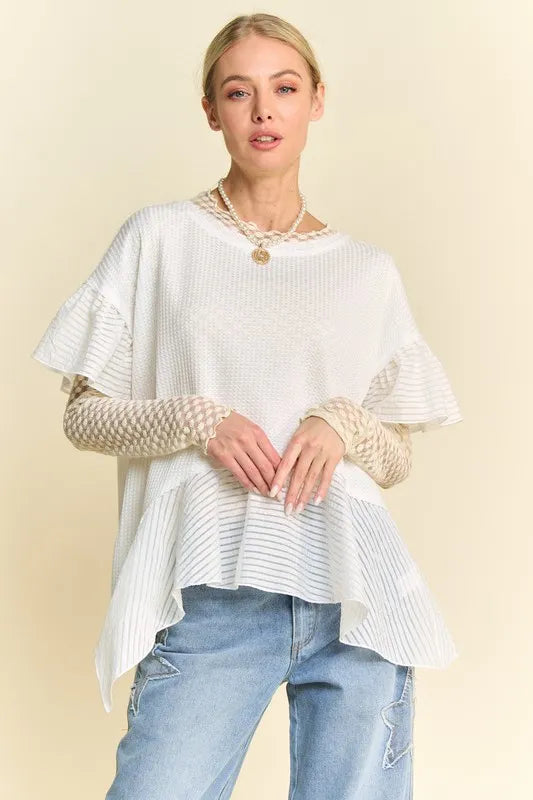 Davi & Dani Waffle Knit Bodice Ruffle Bottom Detail Top - Brittney MADE