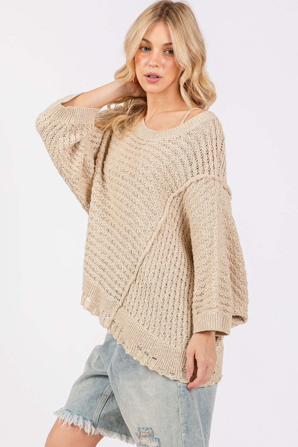 SAGE + FIG Distressed Asymmetrical Open Stitch Sweater - Brittney MADE