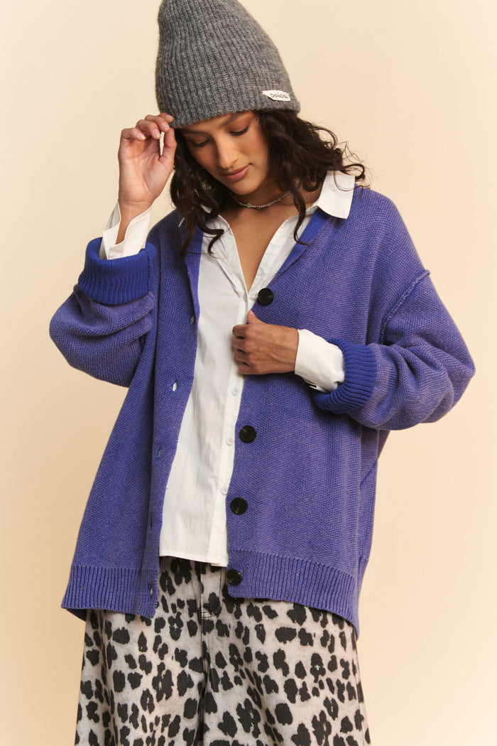 Davi & Dani Shawl Collar Ribbed Detail Button Up Cardigan - Brittney MADE
