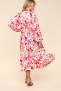 Haptics Full Size Floral Surplice Balloon Sleeve Dress with Side Pockets - Brittney MADE