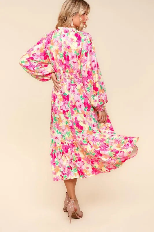 Haptics Full Size Floral Surplice Balloon Sleeve Dress with Side Pockets - Brittney MADE
