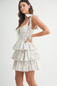 MABLE Floral Print Shoulder Tie Layered Mini Dress - Brittney MADE