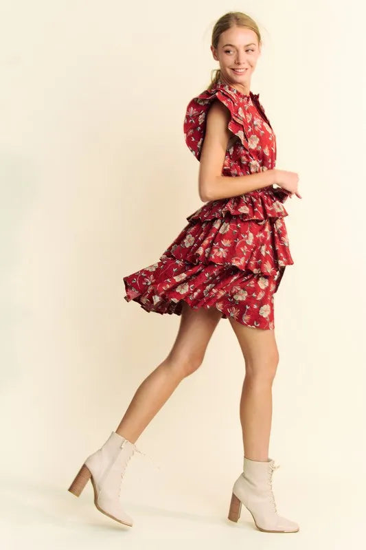Davi & Dani Ruffle Flutter Sleeve Tie Belt Tiered Mini Dress - Brittney MADE