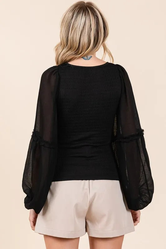 Mittoshop Mixed Media Textured Knit Chiffon Long Sleeve Top - Brittney MADE