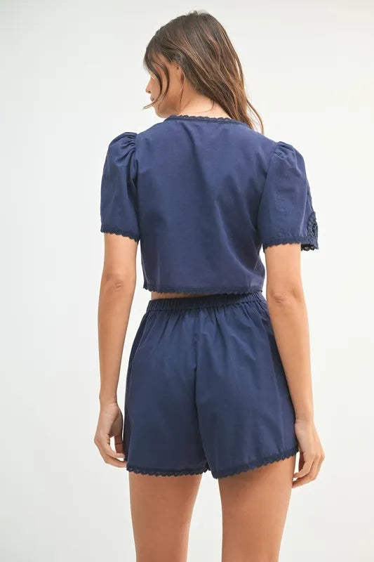 MABLE Crochet Lace Detail Crop Top and Shorts Set - Brittney MADE