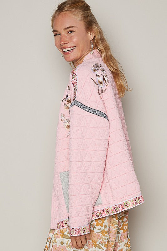 POL Embroidered Open Front Long Sleeve Jacket - Brittney MADE