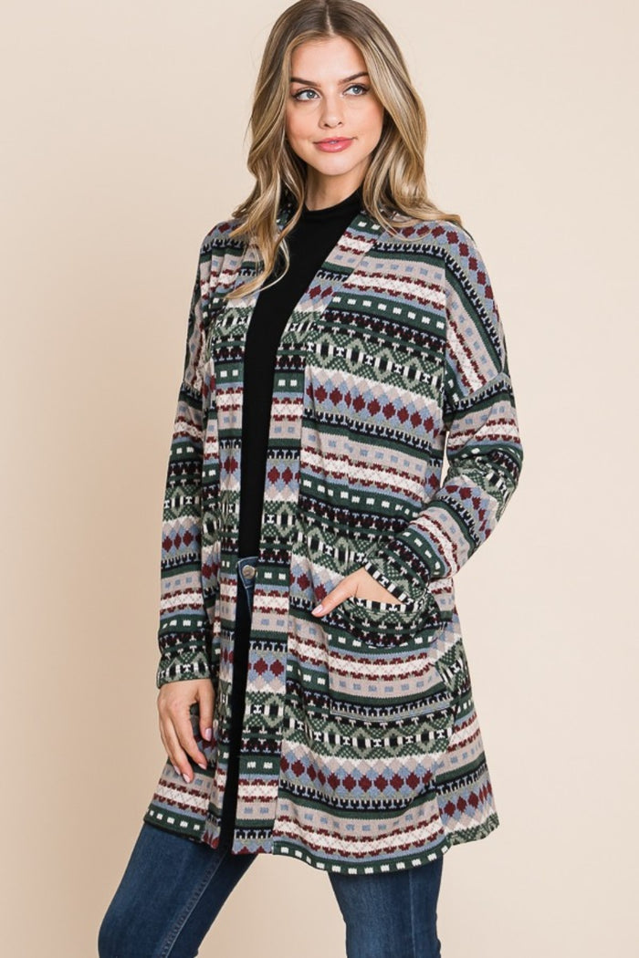 BOMBOM Geometric Open Front Long Sleeve Cardigan with Pockets - Brittney MADE