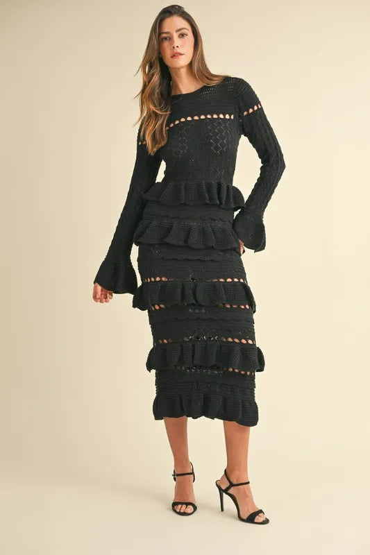 MABLE Long Sleeve Tiered Ruffle Knit Midi Dress - Brittney MADE