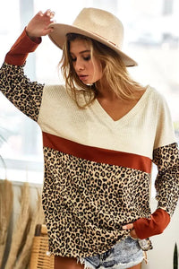 BiBi Waffle Knit Leopard Color Block V-Neck Top - Brittney MADE