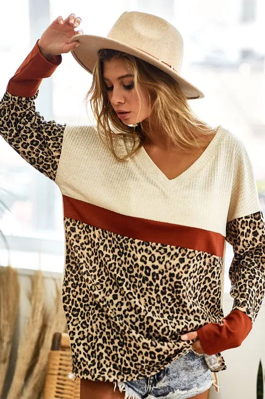 BiBi Waffle Knit Leopard Color Block V-Neck Top - Brittney MADE