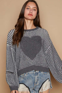 POL Round Neck Heart Patch Zipper Point Sleeve Sweater - Brittney MADE