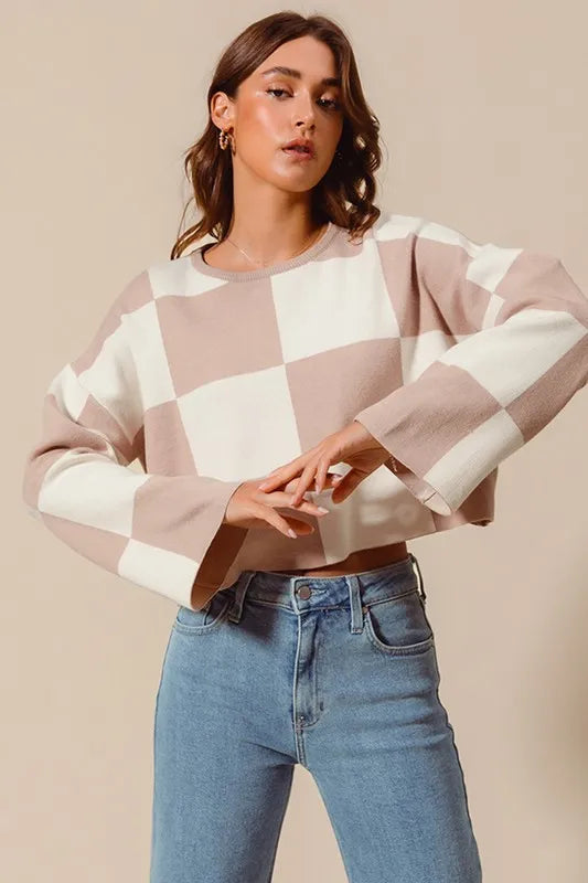 SO ME Checkered Crop Sweater with Bell Sleeves - Brittney MADE