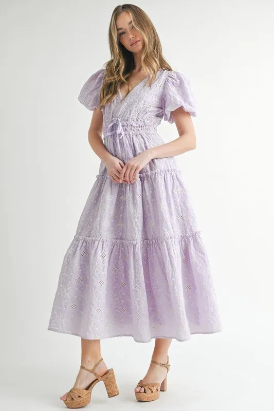 MABLE Eyelet Lace Puff Sleeve V Neck Midi Dress - Brittney MADE