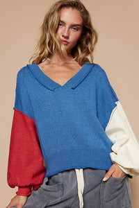 POL Exposed Seam Contrast V-Neck Lantern Sleeve Sweater - Brittney MADE