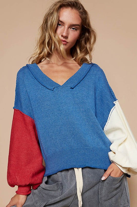POL Exposed Seam Contrast V-Neck Lantern Sleeve Sweater - Brittney MADE
