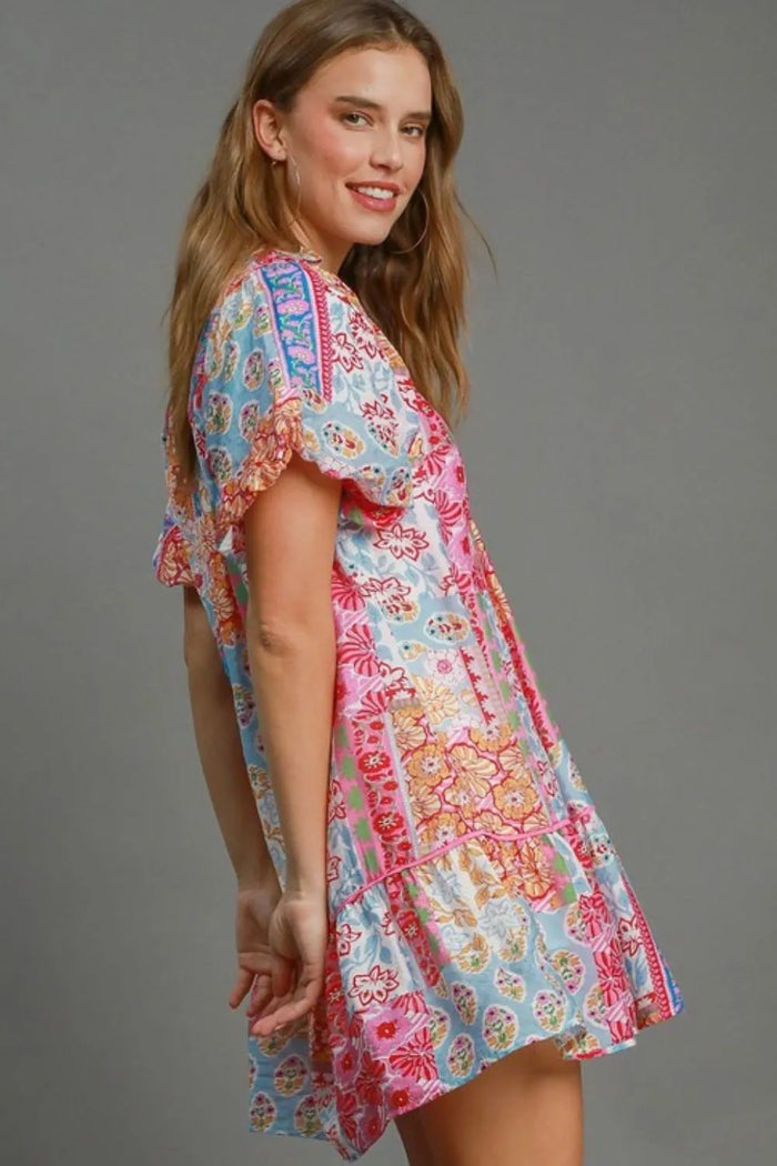 Umgee Full Size Smocked Floral Puff Sleeve Mini Dress Plus Size - Brittney MADE