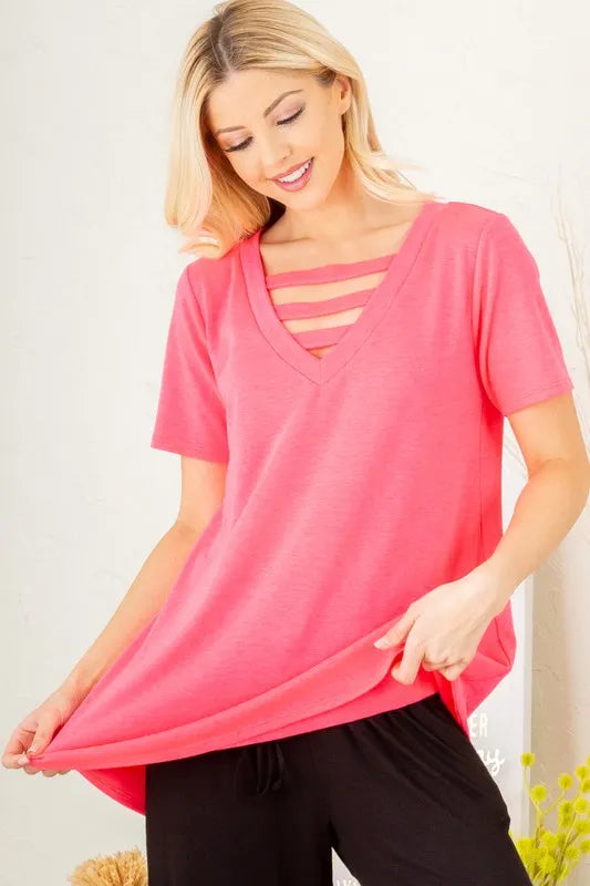 Heimish Full Size V-Neck Short Sleeve T-Shirt with Bar Detail Plus Size - Brittney MADE
