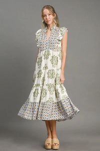 Umgee Full Size Mixed Print Ruffle Cap Sleeve Midi Dress Plus Size - Brittney MADE