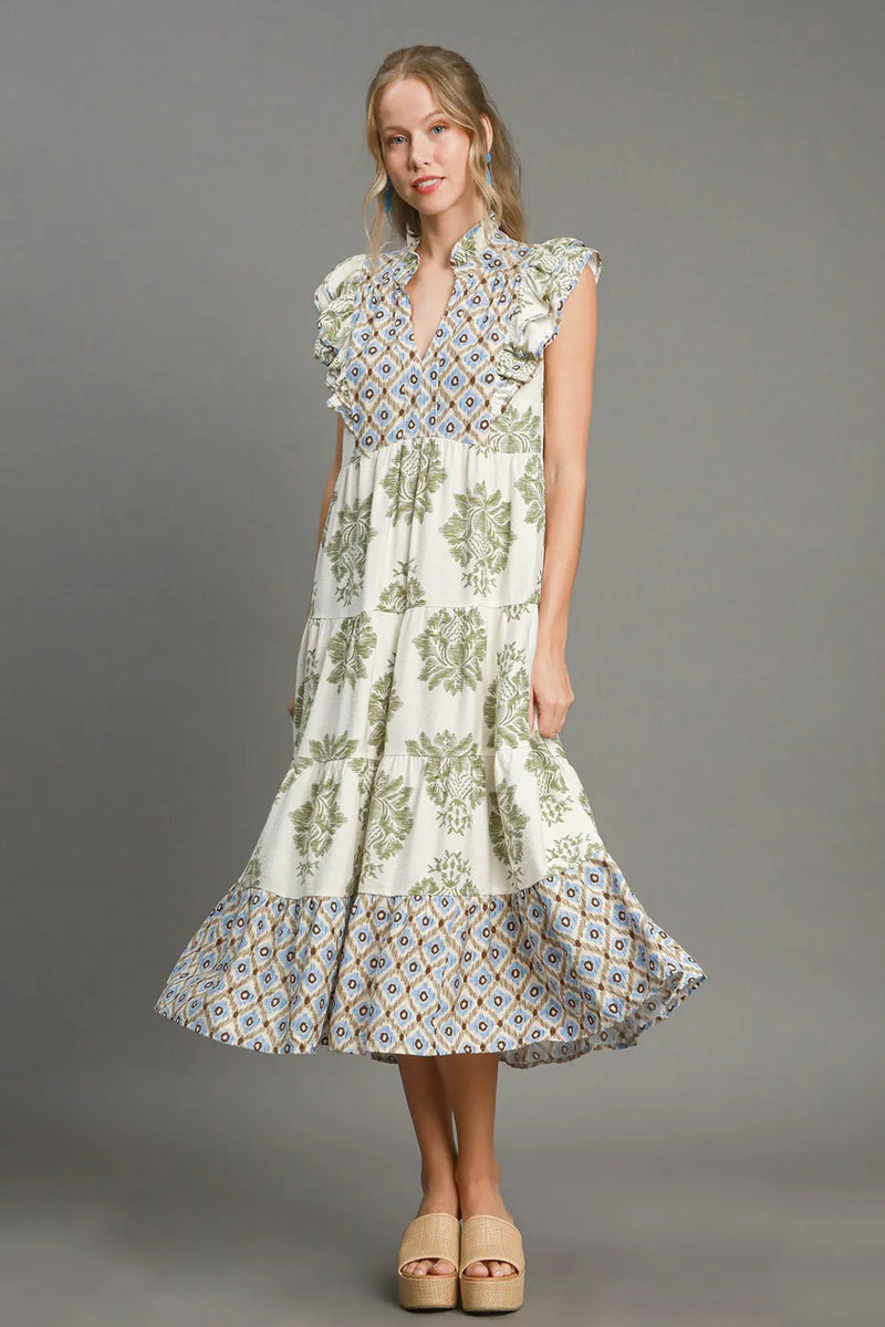 Umgee Full Size Mixed Print Ruffle Cap Sleeve Midi Dress Plus Size - Brittney MADE
