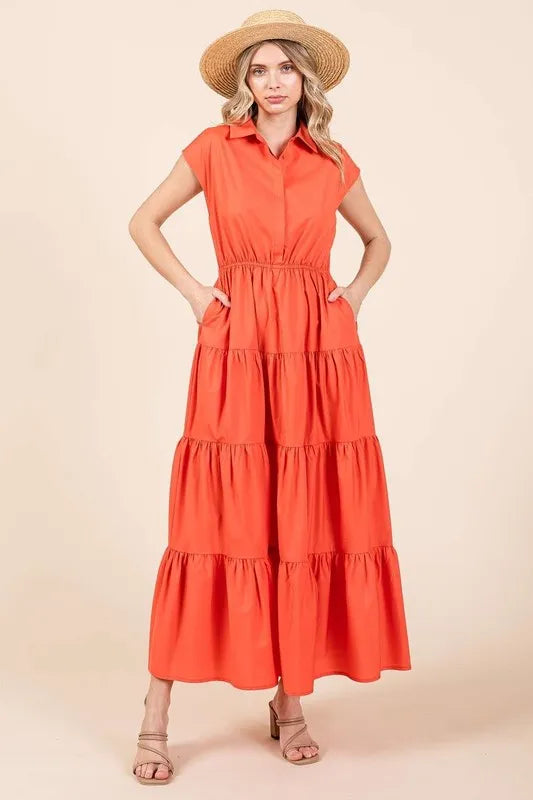 Mittoshop Button Up Collared Tiered Maxi Shirt Dress - Brittney MADE