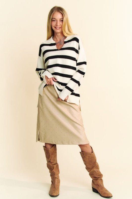 Davi & Dani High-Low Side Slit Striped Johnny Collar Sweater - Brittney MADE