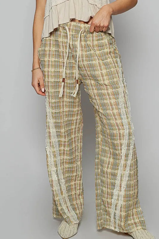 POL Lace Trim Drawstring Checkered Wide Leg Pants - Brittney MADE