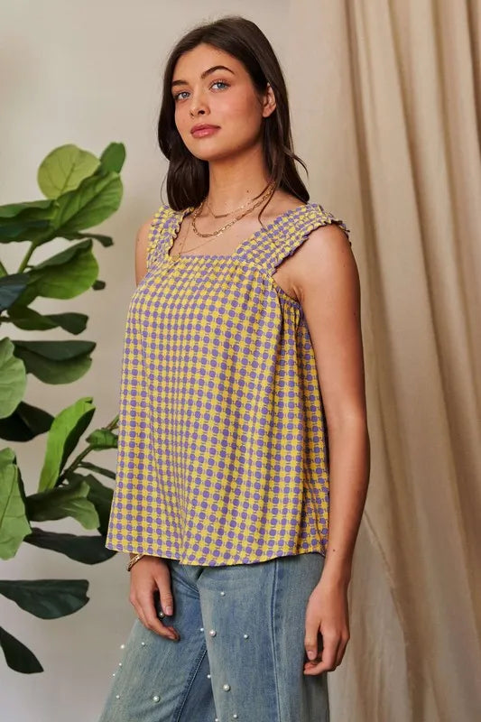 Davi & Dani Printed Square Neck Shirred Straps Top - Brittney MADE