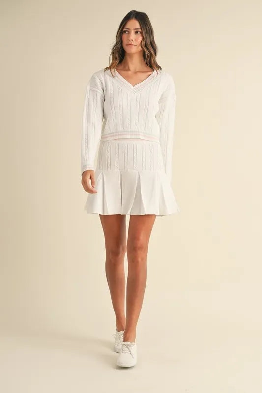 MABLE V-Neck Varsity Crop Knit Sweater and Skirt Set - Brittney MADE