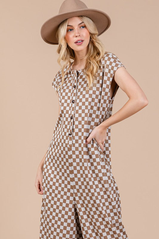 Ces Femme Checkered Half Button Cap Sleeve Jumpsuit - Brittney MADE