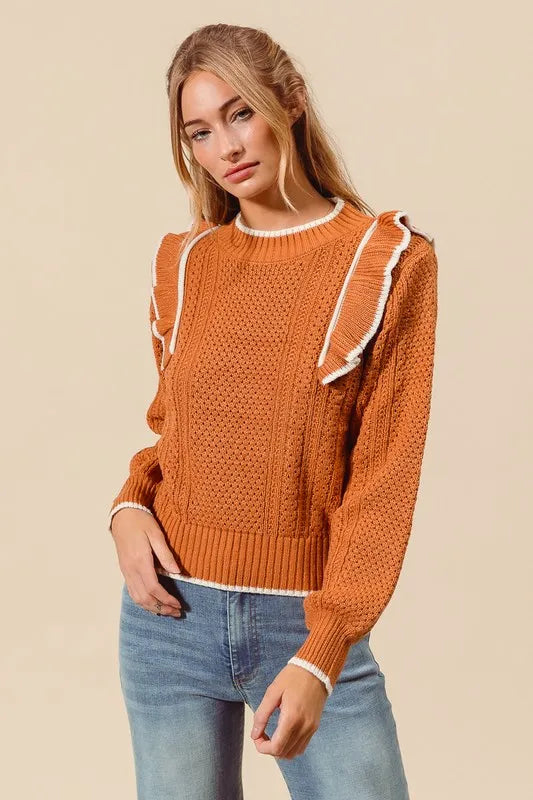 SO ME Ruffled Round Neck Cable Knit Top - Brittney MADE