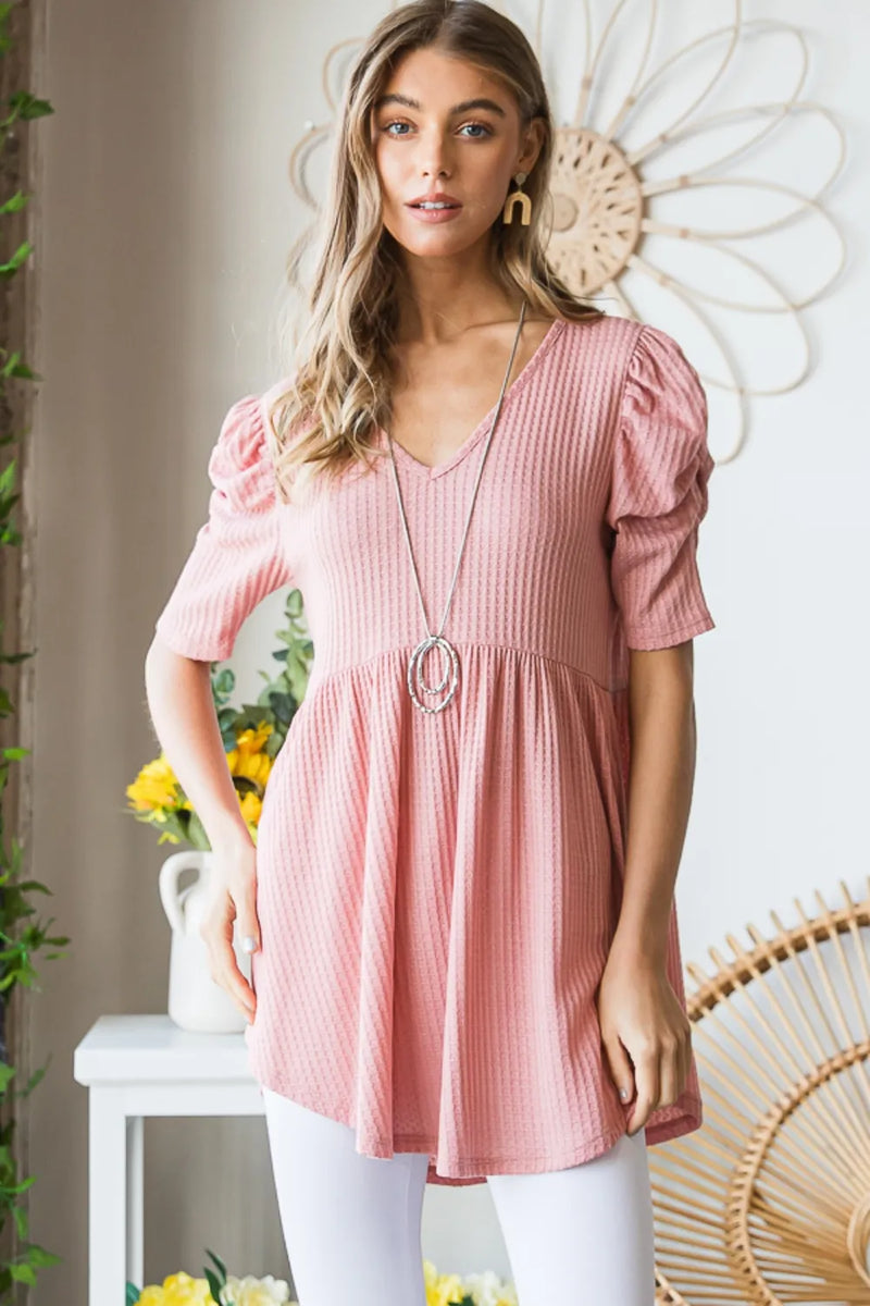 Heimish Full Size Waffle Knit V-Neck Babydoll Top - Brittney MADE