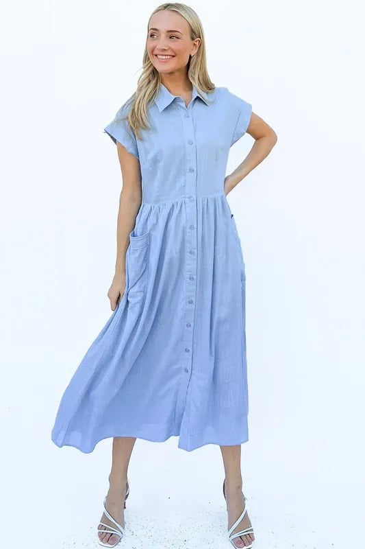 And The Why Cap Sleeve Front Pockets Shirt Dress - Brittney MADE