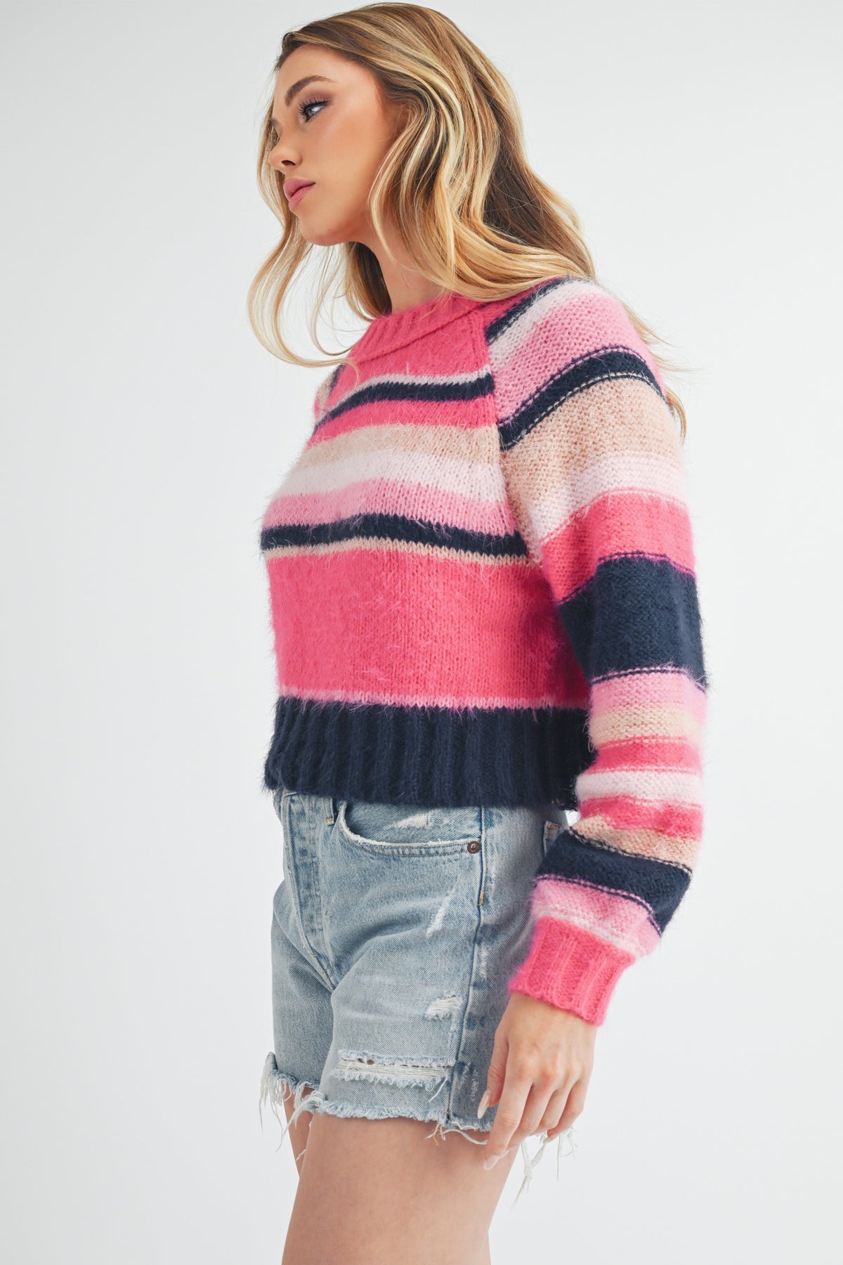 Aemi + Co Striped Ribbed Neckline Raglan Sleeve Sweater - Brittney MADE