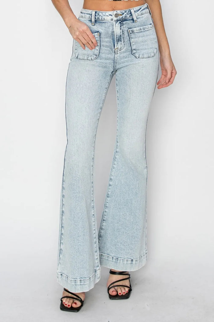 Risen Full Size High Rise Front Patch Pocket Flare Jeans - Brittney MADE