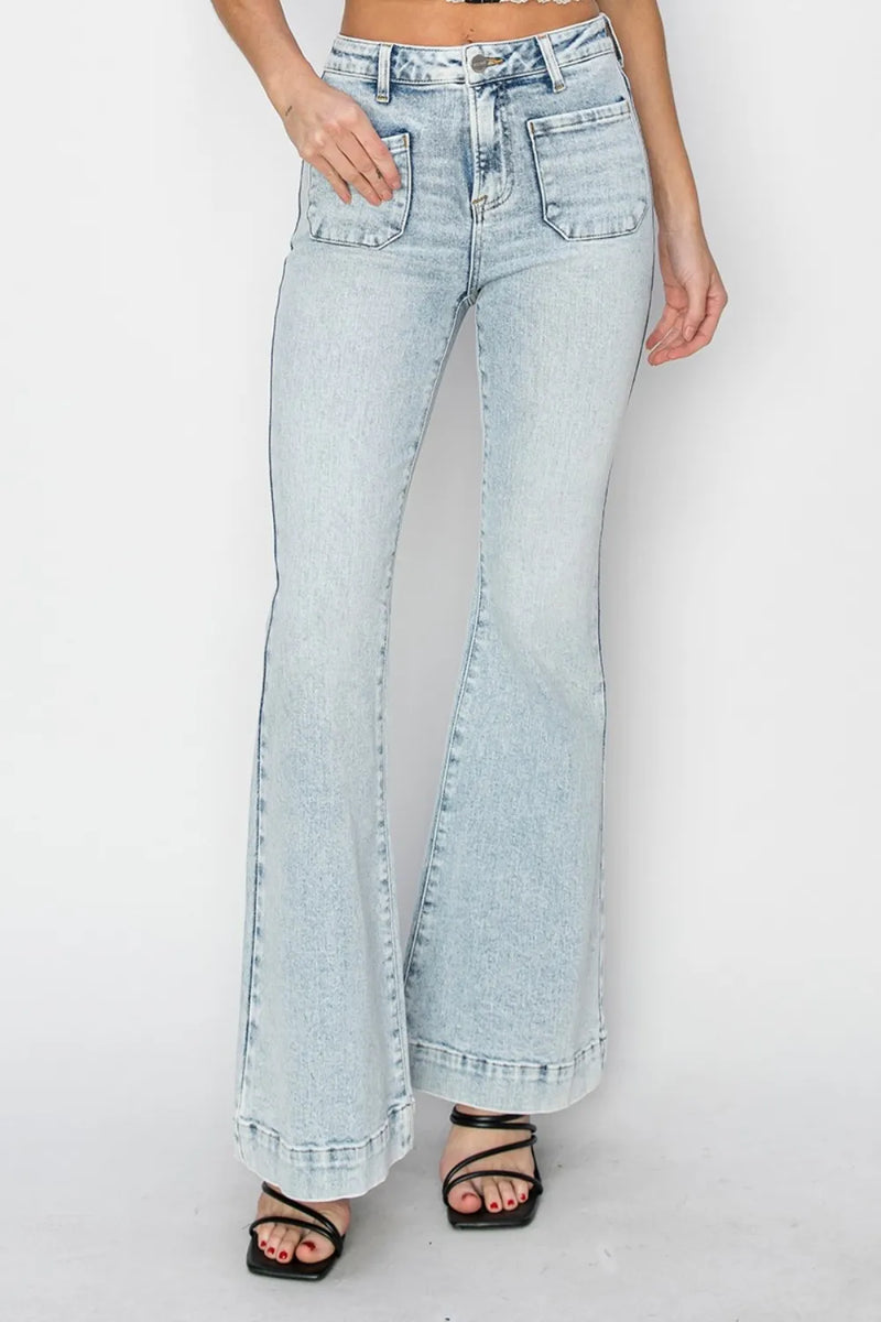 Risen Full Size High Rise Front Patch Pocket Flare Jeans - Brittney MADE