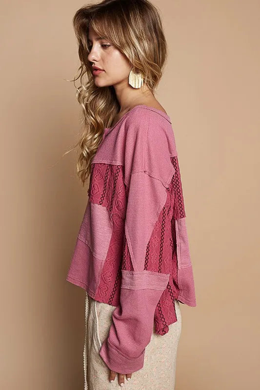 POL Half Button Color Block Drop Shoulder Knit Top - Brittney MADE