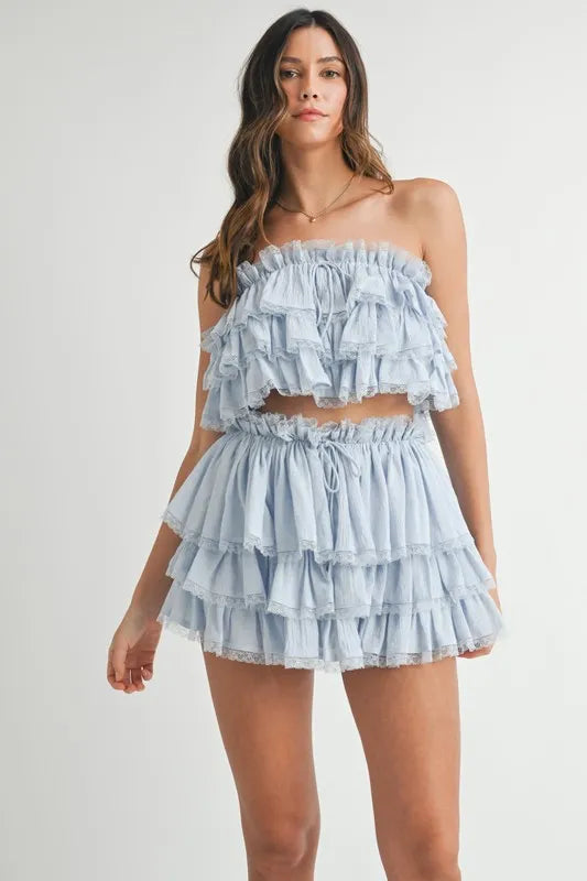 MABLE Ruffle Layered Crop Top and Mini Skirt Set - Brittney MADE
